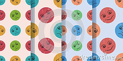 Set of four seamless patterns with funny cartoon comic faces in modern style. Children`s drawing. Vector illustration Cartoon Illustration