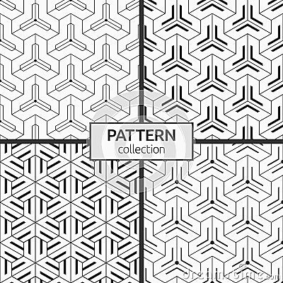 Set of four seamless patterns. Geometric tiles with triple hexagonal elements and filled shapes Vector Illustration