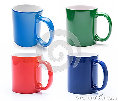 Set of four shiny colorful mugs isolated Stock Photo