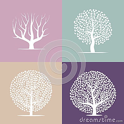 Set of four silhouettes of trees on colorful backgrounds Vector Illustration