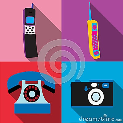 A set of four simple flat style icons with a long shadow of old retro vintage hipster antique electronics, cellular mobile button Cartoon Illustration