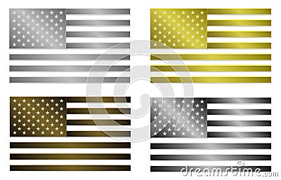 Set of four simply isolated stylized metallic flags of United States Of America Vector Illustration