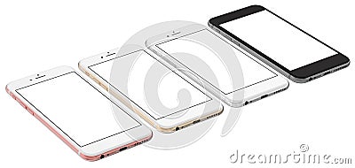 Set of four smartphones gold, rose, silver and black with blank screen. Real camera. Cartoon Illustration