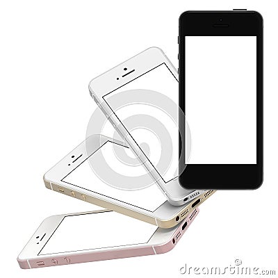 Set of four smartphones gold, rose, silver and black with blank screen. Cartoon Illustration
