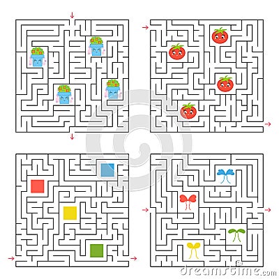 A set of four square labyrinths. Collect all the items and find a way out of the maze. An interesting game for children. Simple fl Vector Illustration