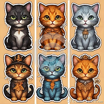 A set of four stickers with cats on them, cat theme banner. Stock Photo