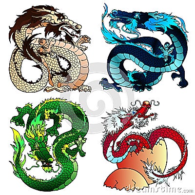 Set four strong Asian colorfull dragon Vector Illustration