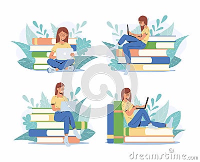 Set of four student girls studying with laptop Vector Illustration