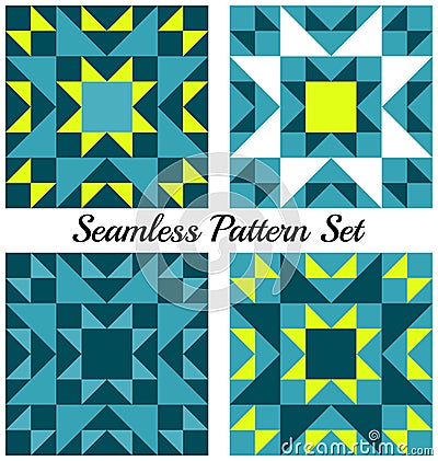 Set of four stylish geometric seamless patterns with triangles and squares of teal, yellow, blue and white shades Vector Illustration