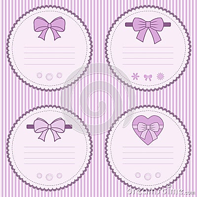 set of four tags for childrens goods on a striped background, flat vector graphics, pink palette Vector Illustration