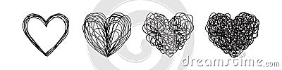 Set of four tangled grungy HEART scribbles Cartoon Illustration