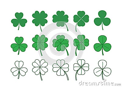 Set of four and three leaf clovers. Clover leaves collection. Vector Illustration