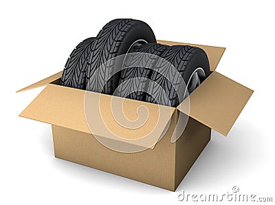 Set of four tires with disks in a cardboard box for order delivery. isolated on white background. 3d render. Stock Photo