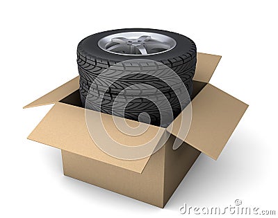Set of four tires with disks in a cardboard box for order delivery. isolated on white background. 3d render Stock Photo