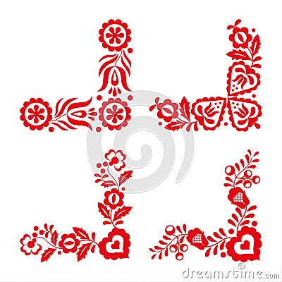 Set of four traditional folk ornaments, red embroidery Vector Illustration