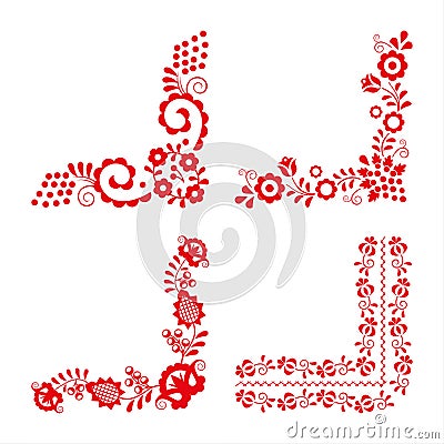 Set of four traditional folk ornaments, red embroidery Vector Illustration