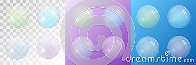 Set of four transparent matte soap bubbles isolated on a checker Vector Illustration