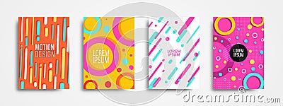 Set of four trendy memphis style covers with basic shape and dynamic design. Cool Colorful backgrounds, applicable for Covers, Vector Illustration