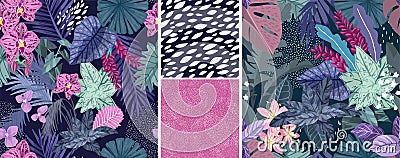 Set of four tropical seamless patterns, hand drawn Vector Illustration