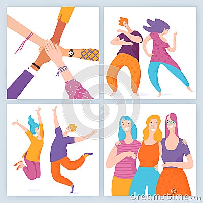 Set of four vector friendship motivation images with happy people. Vector Illustration