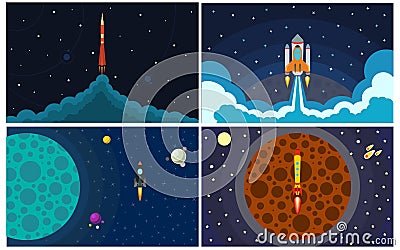 Set of four vector illustration with flying rocket Vector Illustration