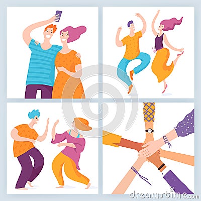 Set of vector friendship motivation images with happy people. Vector Illustration