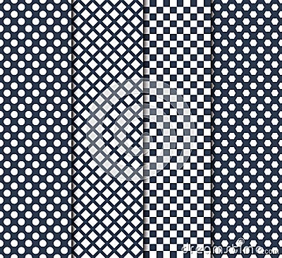 Set of four vector seamless patterns with circle, lines, squares and octagons Vector Illustration