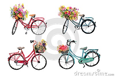 Set of four watercolor bicycles with flowers on white Stock Photo