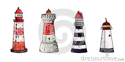 Set of four watercolor cartoon lighthouses. Hand drawn colourful illustration isolated on white background Cartoon Illustration