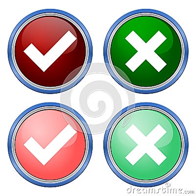 A set of four web buttons, green check mark and red cross in two variants Vector Illustration