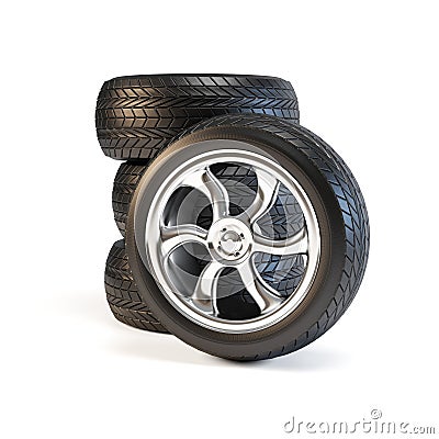 Set of four wheels. Automobile tires and rims Stock Photo