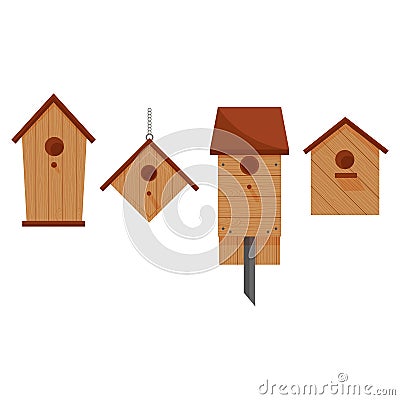 Set of four wooden birdhouses Cartoon Illustration