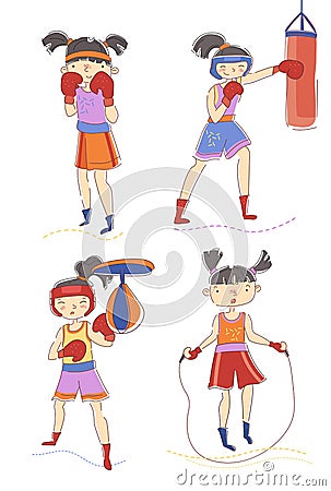 Set of four young woman or girls boxing and skipping over a rope with one in the defensive pose, one punching a bag and Vector Illustration