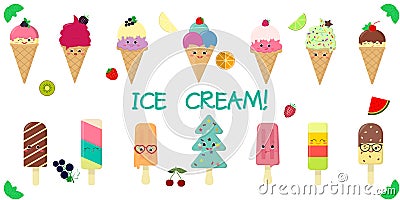 A set of fourteen cute kawaii character smile ice cream, in a waffle cup and on a stick, juicy fruits and berries on a Vector Illustration