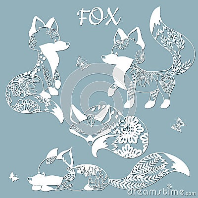 Set of foxes and butterflies. Templates for laser cutting. With patterns of flowers and leaves. Plotter and screen printing Vector Illustration