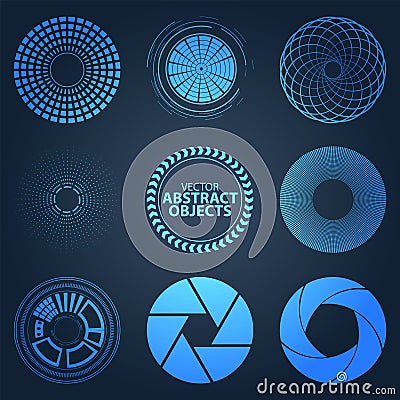 Set fractal and swirl shape element on blue background. Vintage Vector Illustration