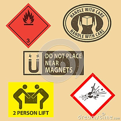 Set of fragile sticker handle with care and case icon packaging symbols sign, Do Not Place Near Magnets, Flammable liquids, Explos Vector Illustration