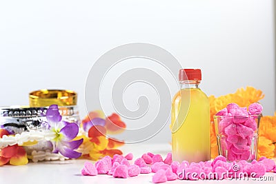 Set of fragrant herbs and flowers and Dinos Phong for the Songkran festival Stock Photo