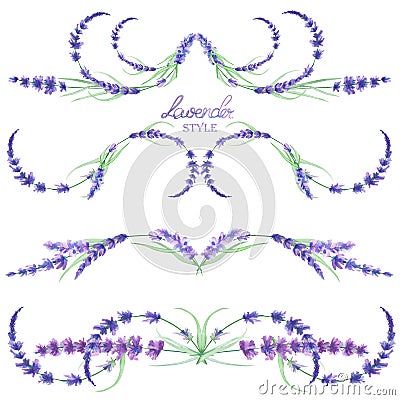 A set with the frame borders, floral decorative ornaments with the watercolor lavender flowers for a wedding or other decoration Stock Photo