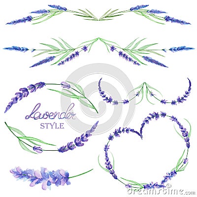 A set with the frame borders, floral decorative ornaments with the watercolor lavender flowers for a wedding or other decoration Stock Photo