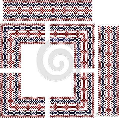 Set of frame elements for russian, ukrainian and scandinavian national knit styled border, red and blue colors Vector Illustration