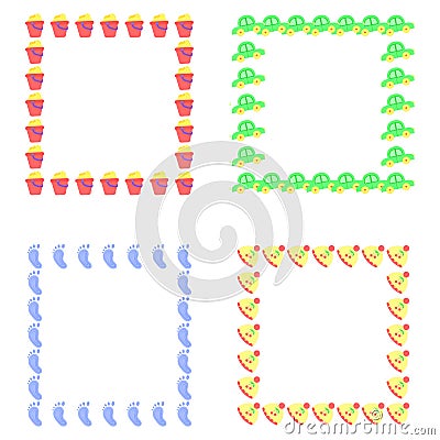 Set of frames for babies. Different toys for children Vector Illustration