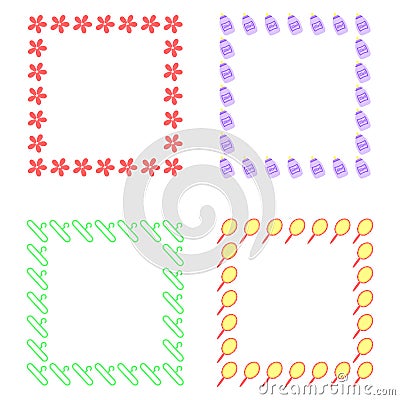 Set of frames for babies. Different toys for children Vector Illustration