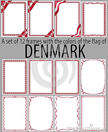 Set of 12 frames with the colors of the flag of Denmark Vector Illustration