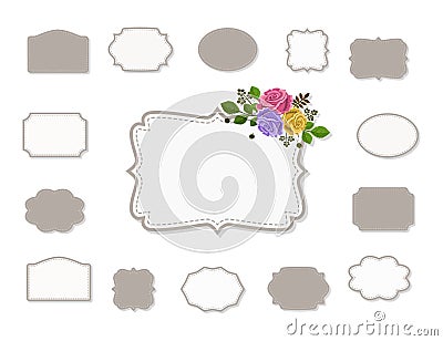 Set of frames decorated with stitching and flowers, isolated on whiye background Cartoon Illustration