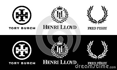 Set of Fred Perry, Henri Lloyd, Tory Burch. Logo popular clothing brand. Famous luxury brand. Vector, icon. Zaporizhzhia, Ukraine Vector Illustration