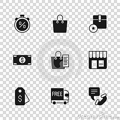 Set Free delivery service, Market store, Telephone 24 hours support, Shopping list, Carton cardboard box, Stopwatch Stock Photo