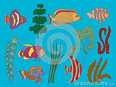 Set of freehand drawings colorful fish Vector Illustration