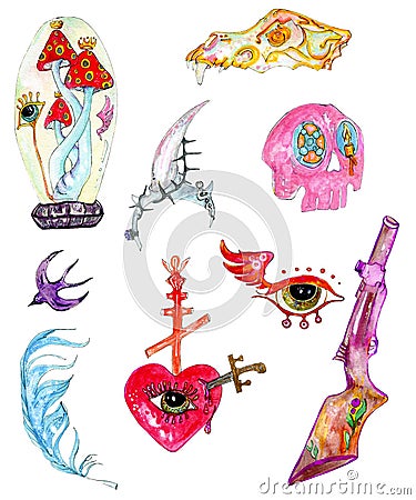 Set freehand illustration of a cereal, flask, horns, skeletons, thorns, an eye with a heart, feathers, swallows, knives Cartoon Illustration