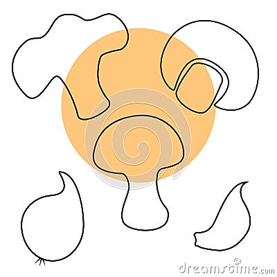 A set of freehand silhouette drawings of mushrooms, an onion head and a clove of garlic. Vector Illustration